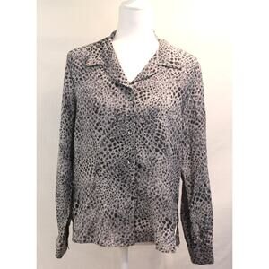Talbots Vtg Silk Top Womens size 12P Gray Black Animal Print Button Up